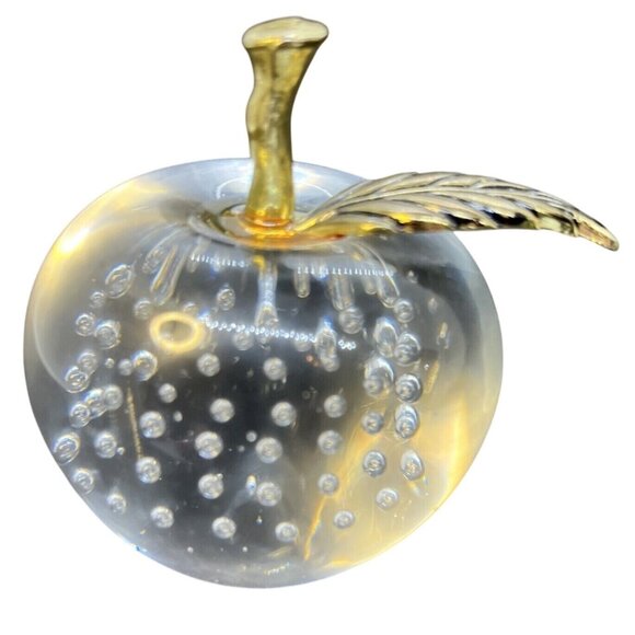 Vintage Art Glass Clear Apple Bullicante Controlled Bubble Paperweight - Picture 7 of 12